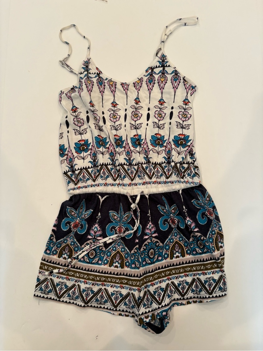 Aeropostale White and Teal Print Camisole Romper-jumper-bathing cover up-S/P